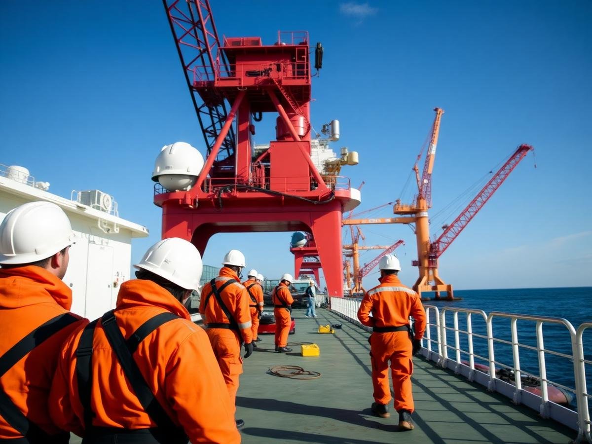 Crew in orange coveralls working on the deck of an offshore vessel